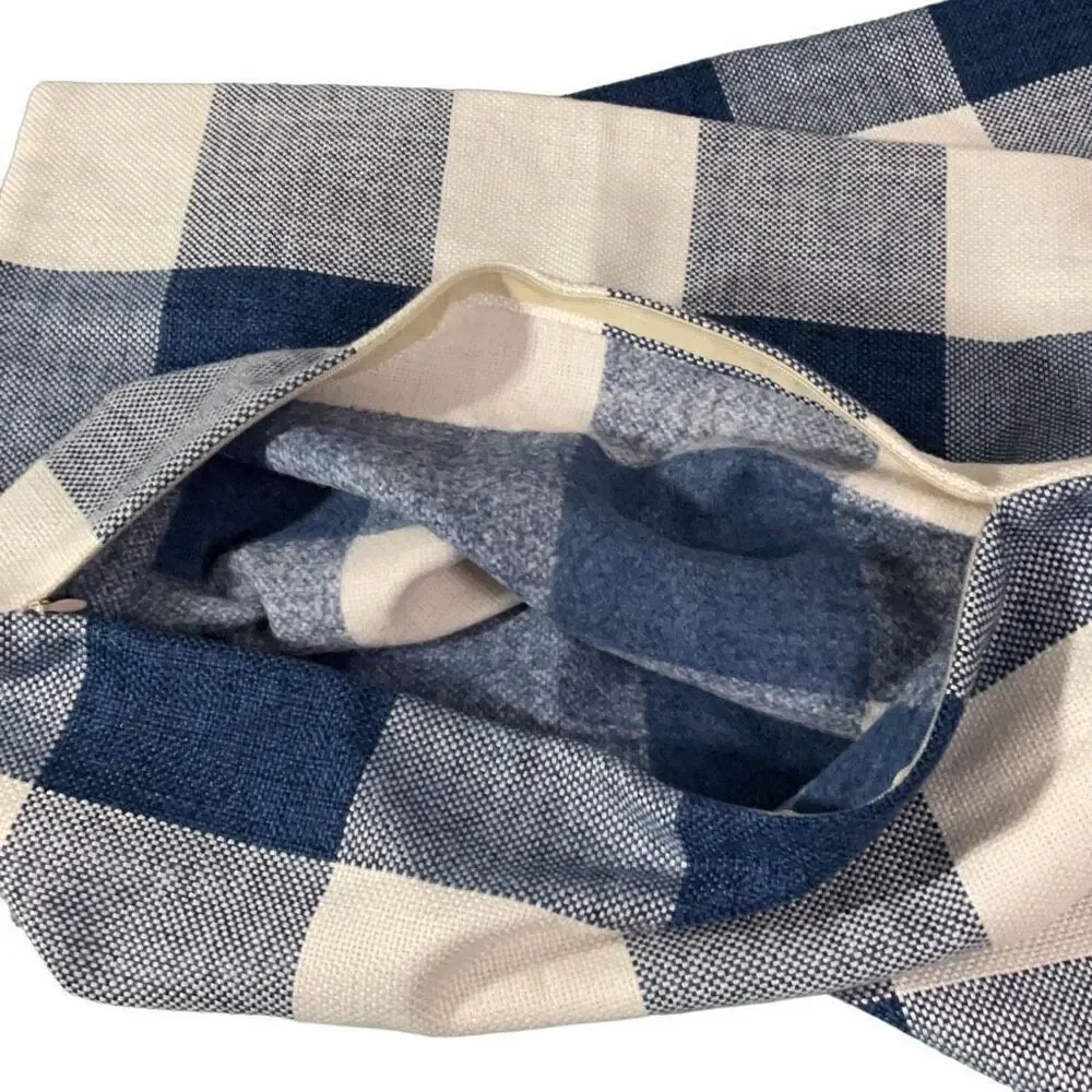 Blue White Woven Checker Square Pillow Cases 18x17 Set of 2